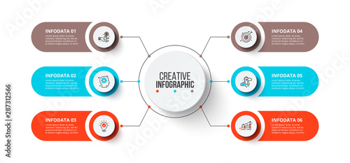 Flow chart with main circle and 6 abstract elements. Modern infographic design template. Creative concept of six stages of business project.