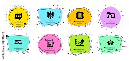 Report, Swipe up and Time management line icons set. Chat bubbles with quotes. Seo analysis, Ab testing and Cpu processor signs. Quick tips, Medical tablet symbols. Vector