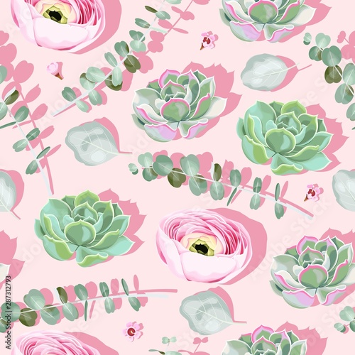 Seamless pattern with succulent on pink background