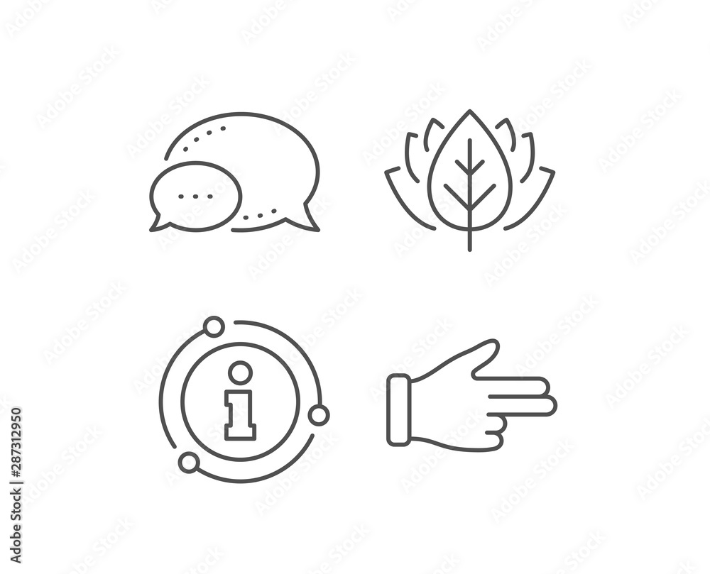Click hand line icon. Chat bubble, info sign elements. Two fingers palm sign. Direction gesture symbol. Linear click hand outline icon. Information bubble. Vector