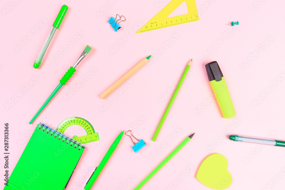 School stationery on color background. Back to school creative Image with text place School stationery on color background. Back to school creative Image with text place