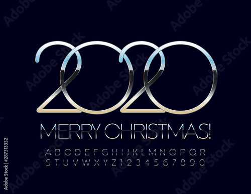 Vector stylish Merry Christmas 2020 Greeting Card. Silver Alphabet set of Letters and Symbols. Slim glossy Font.