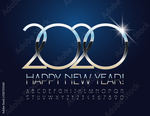 Vector chic Merry Christmas 2020 Greeting Card. Silver Alphabet set of Letters and Symbols. Slim glossy Font.