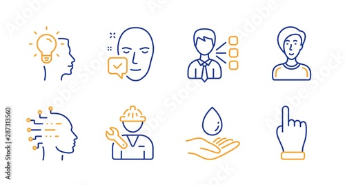 Businesswoman person, Repairman and Idea line icons set. Face accepted, Water care and Third party signs. Artificial intelligence, Click hand symbols. Female user, Repair service. People set. Vector