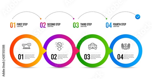 Discount, Taxi and Internet chat line icons set. Timeline infographic. Laureate award sign. Sale shopping, Public transportation, Online communication. Prize. Business set. Discount icon. Vector