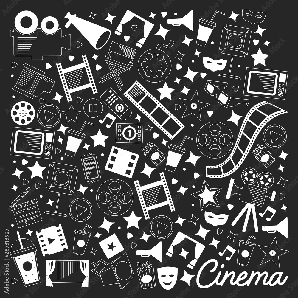 Vector pattern with cinema icons. Movie Theater, TV, popcorn, video clips, musical Vector pattern with cinema icons. Movie Theater, TV, popcorn, video clips, musical