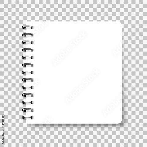 Notebook mockup, with place for your image, text or corporate identity details. Blank mock up with shadow on transparent background. Vector illustration.