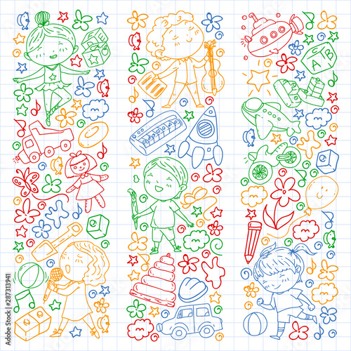 Painted by hand style pattern on the theme of childhood. Vector illustration for children design. Drawing by colorful pen on squared notebook.