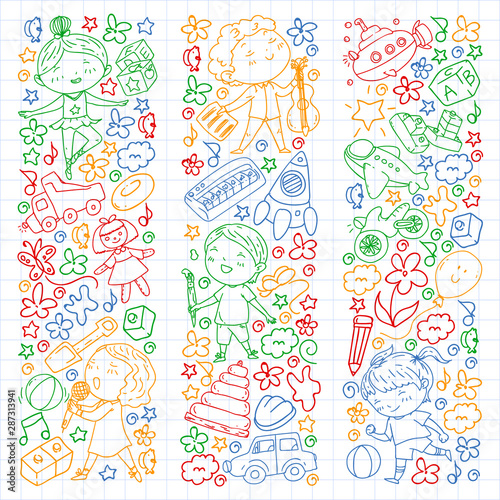 Painted by hand style pattern on the theme of childhood. Vector illustration for children design. Drawing by colorful pen on squared notebook.