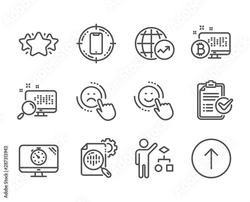 Set of Technology icons, such as Star, Seo timer, Smile, Seo stats, Survey checklist, Smartphone target, Swipe up, World statistics, Algorithm, Bitcoin system, Dislike, Search line icons. Vector
