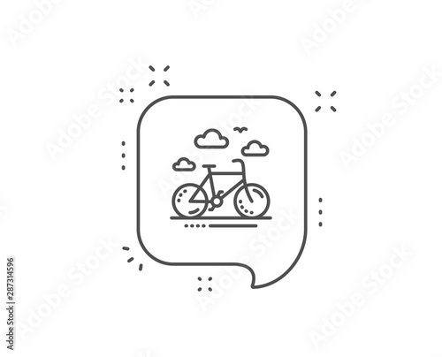 Bike rental line icon. Chat bubble design. Bicycle rent sign. Hotel service symbol. Outline concept. Thin line bike rental icon. Vector