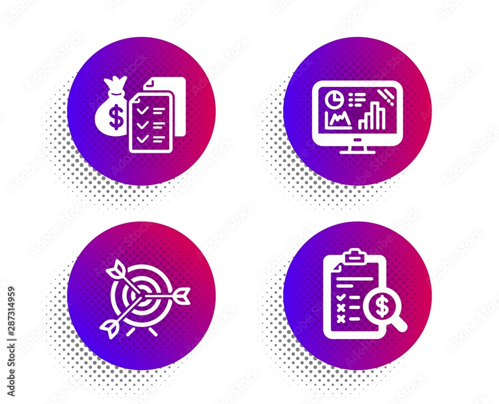 Analytics graph, Target and Accounting wealth icons simple set. Halftone dots button. Accounting report sign. Growth report, Targeting, Check finance. Finance set. Vector Analytics graph, Target and Accounting wealth icons simple set. Halftone dots button. Accounting report sign. Growth report, Targeting, Check finance. Finance set. Vector