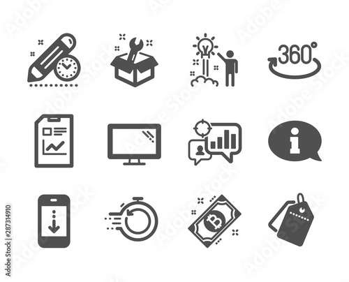 Set of Technology icons, such as Fast recovery, Full rotation, Bitcoin, Sale tags, Creative idea, Report document, Spanner, Information, Monitor, Project deadline, Seo statistics. Vector