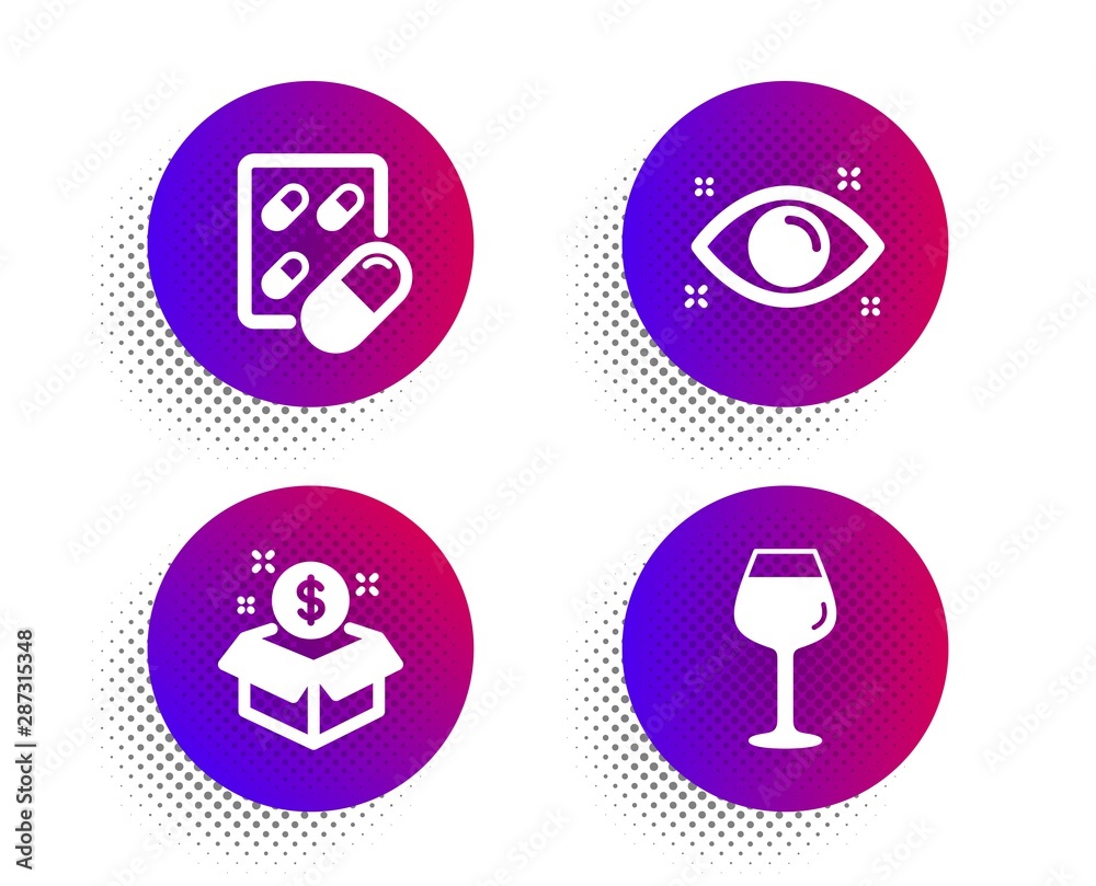 Capsule pill, Health eye and Post package icons simple set. Halftone dots button. Bordeaux glass sign. Medicine drugs, Optometry, Postbox. Wine glass. Business set. Vector