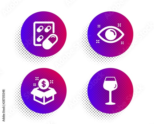 Capsule pill, Health eye and Post package icons simple set. Halftone dots button. Bordeaux glass sign. Medicine drugs, Optometry, Postbox. Wine glass. Business set. Vector