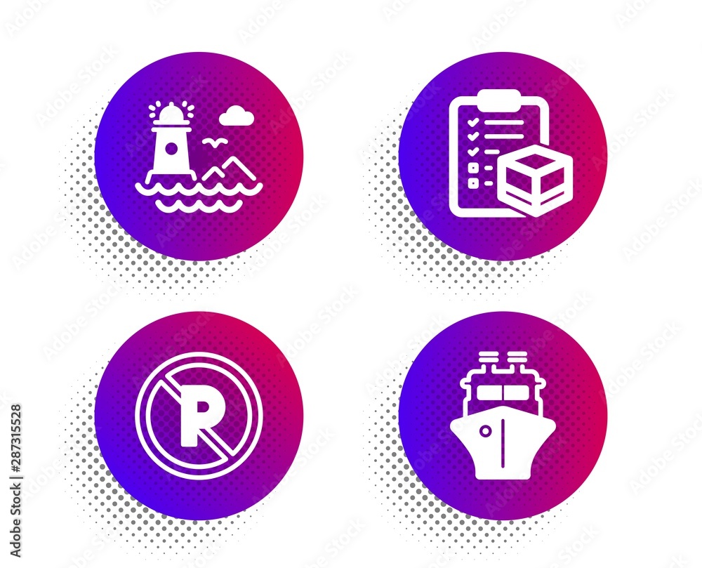 No parking, Lighthouse and Parcel checklist icons simple set. Halftone dots button. Ship sign. Car park, Navigation beacon, Logistics check. Shipping watercraft. Transportation set. Vector No parking, Lighthouse and Parcel checklist icons simple set. Halftone dots button. Ship sign. Car park, Navigation beacon, Logistics check. Shipping watercraft. Transportation set. Vector