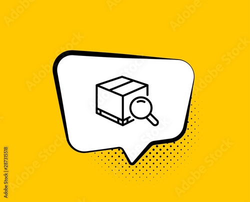 Search package line icon. Comic speech bubble. Delivery box sign. Parcel tracking symbol. Yellow background with chat bubble. Search package icon. Colorful banner. Vector