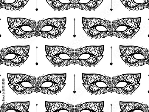 Black lace mask seamless pattern vector design on white backdrop
