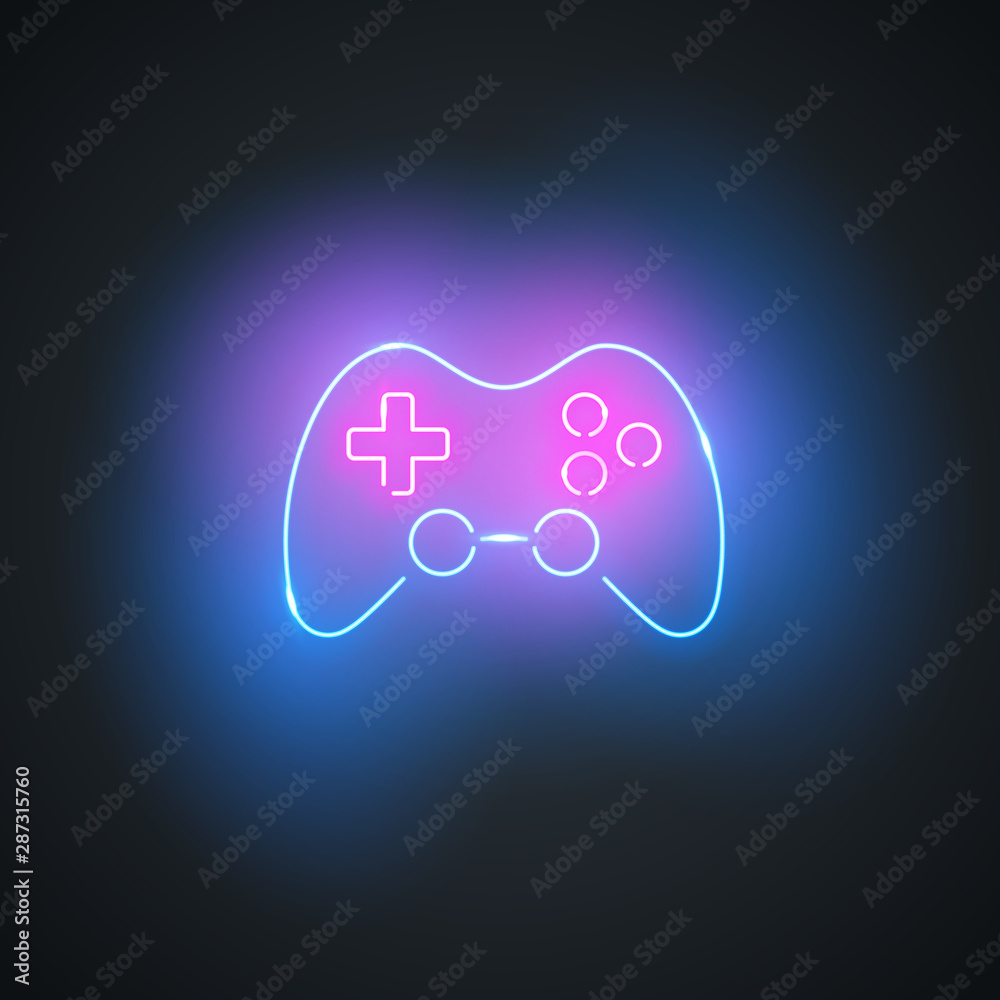 Neon gamepad. Glowing gamepad sign on black background. Colorful and bright  gaming joystick symbol. Vector design element. Stock Vector