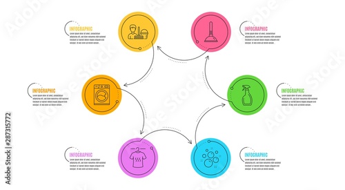 Cleaning service, Spray and Washing machine signs. Infographic timeline. Dry t-shirt, Plunger and Clean bubbles line icons set. Laundry shirt, Clogged pipes cleaner, Laundry shampoo. Vector