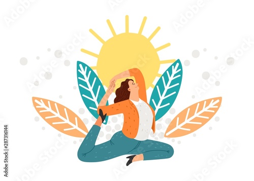Meditation concept. Businesswoman is meditating, work break time, vector illustration