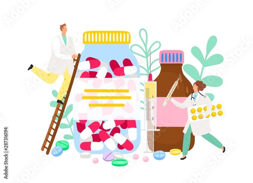 Pharmacist and drugs. Medicine industry vector illustration. Flat doctors characters. Pharmacy, pharmacology concept