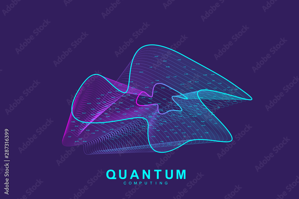 Quantum computing technology concept. Deep learning artificial intelligence. Big data algorithms visualization for business, science, technology. Waves flow, dots, lines. Quantum vector illustration