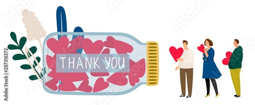 Donations and charity. Queue to make donate. Vector volunteering concept with flat tiny people with hearts