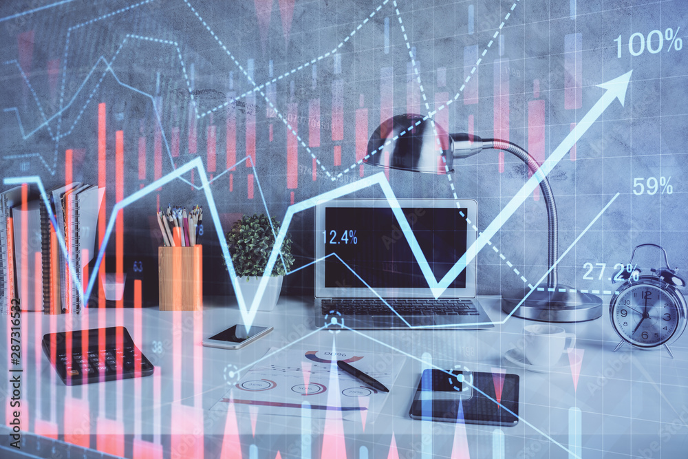Multi exposure of forex graph and work space with computer. Concept of international online trading. Multi exposure of forex graph and work space with computer. Concept of international online trading.