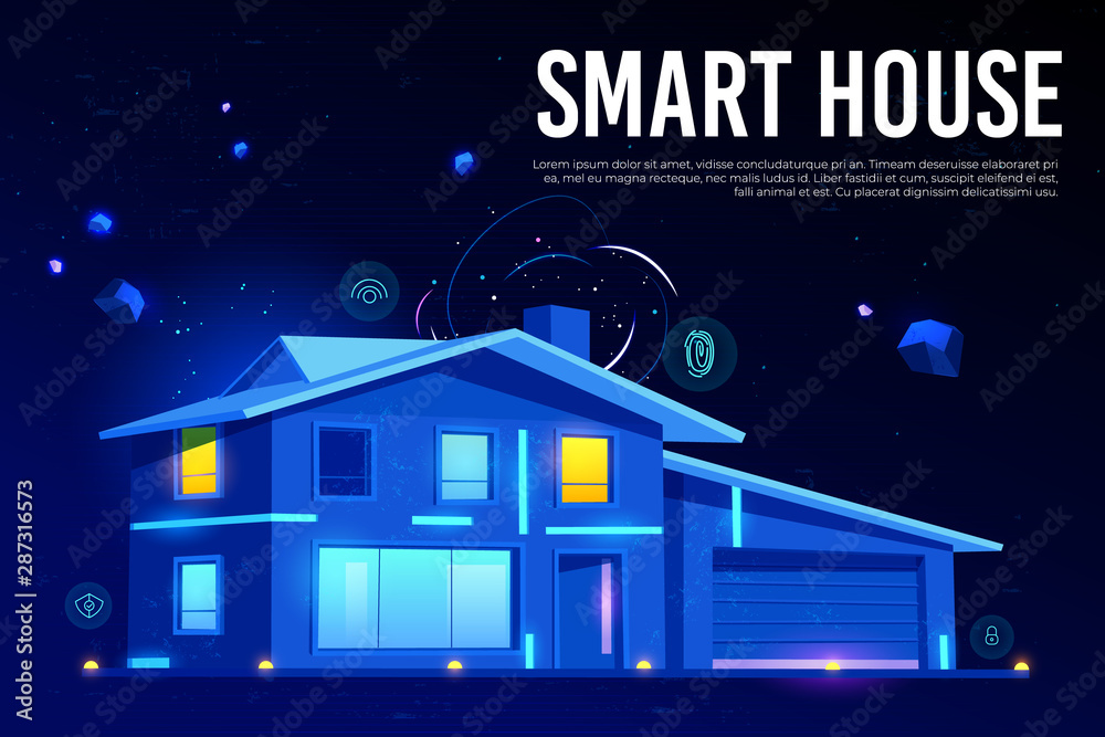Fototapeta premium Smart house web banner. Home building with artificial intelligence technology, modern design and Internet of things services on neon glowing background. Cartoon vector illustration, landing page.