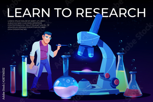 Science, learn to research landing page, man scientist in white robe stand at huge microscope with flasks and beakers around, neon glowing futuristic background. Cartoon vector illustration, banner