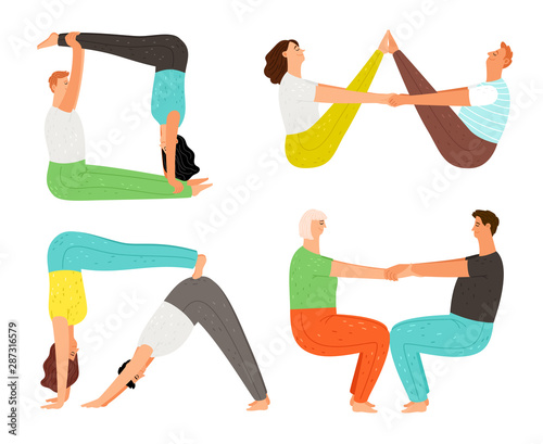 Couple yoga poses. Man and woman yoga partners postures set, girls and men couples flexibility and stretch exercises, healthy sport practices vector illustration