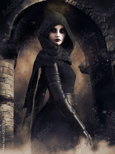 Foto Night scene with a sorceress in a hooded robe standing in front of a gothic gate