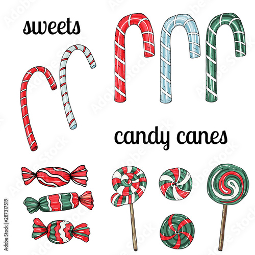 A large set of hand drawn candy canes for different holidays.