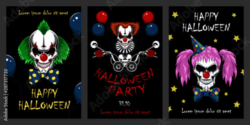 Set of vector halloween illustrations. Evil clowns, clown driving a motorcycle. Design elements for cards, flyers, banners, invitations, posters, posters.