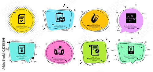 Jazz, Parcel checklist and Approved checklist line icons set. Chat bubbles with quotes. Puzzle, Crane claw machine and Technical documentation signs. Arena, Download file symbols. Vector