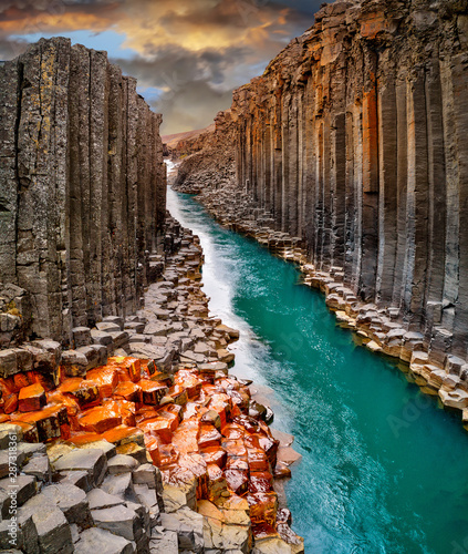 Breathtaking view of Studlagil basalt canyon, Iceland, Europe.