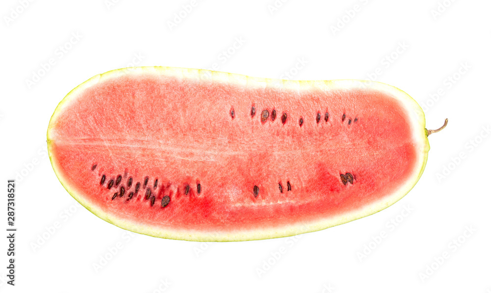 Long oblong sliced watermelon on a white background, isolate, hybrid