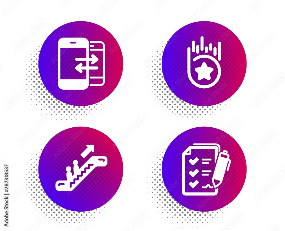 Loyalty star, Escalator and Phone communication icons simple set. Halftone dots button. Survey checklist sign. Bonus reward, Elevator, Incoming and outgoing calls. Report. Technology set. Vector Loyalty star, Escalator and Phone communication icons simple set. Halftone dots button. Survey checklist sign. Bonus reward, Elevator, Incoming and outgoing calls. Report. Technology set. Vector