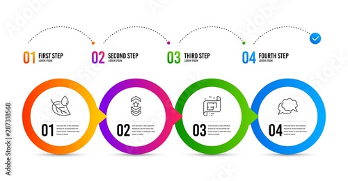Shoulder strap, Architectural plan and Leaf dew line icons set. Timeline infographic. Chat message sign. Star rank, Technical project, Water drop. Speech bubble. Business set. Vector