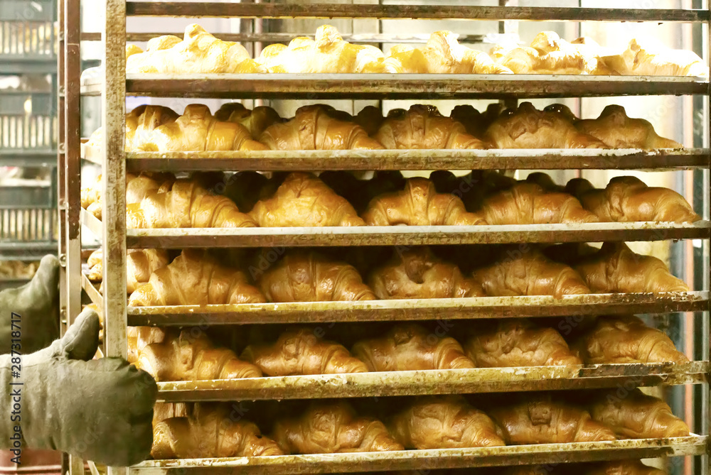 Fresh hot croissants in the confectionery industry. Puff pastry making, bakery products