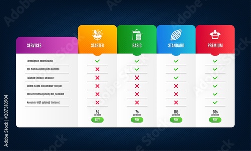 Cocoa nut, Creativity and Shopping bags icons simple set. Price list, pricing table. Get box sign. Vegetarian food, Design idea, Sale marketing. Send package. Business set. Vector