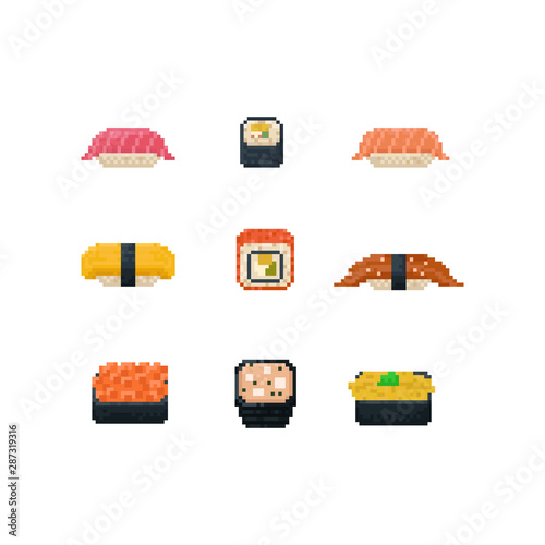 Pixel sushi set.8bit japanese food icon.