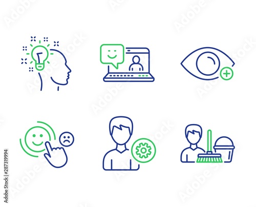 Farsightedness, Smile and Customer satisfaction line icons set. Support, Idea and Cleaning service signs. Eye vision, Laptop feedback, Happy smile. Edit profile. People set. Vector