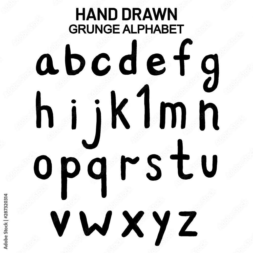 Vector set of latin alphabet letters. Lowercase letters in a simple style. Black lettering on white. Children's style. Can be used for advertising, imitation of children handwriting, lettering, logo Vector set of latin alphabet letters. Lowercase letters in a simple style. Black lettering on white. Children's style. Can be used for advertising, imitation of children handwriting, lettering, logo
