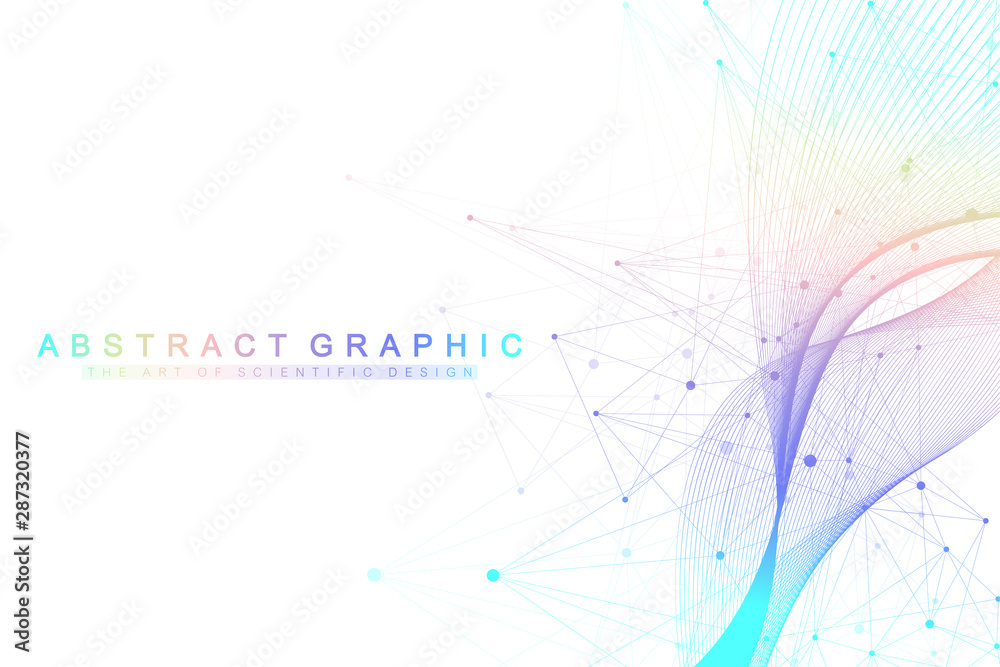 Naklejka premium Scientific vector illustration genetic engineering and gene manipulation concept. DNA helix, DNA strand, molecule or atom, neurons. Abstract structure for Science or medical background. Wave flow