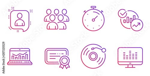 Timer, Certificate and Vinyl record line icons set. Developers chat, Web analytics and Statistics signs. Group, Music making symbols. Deadline management, Verified document. Education set. Vector