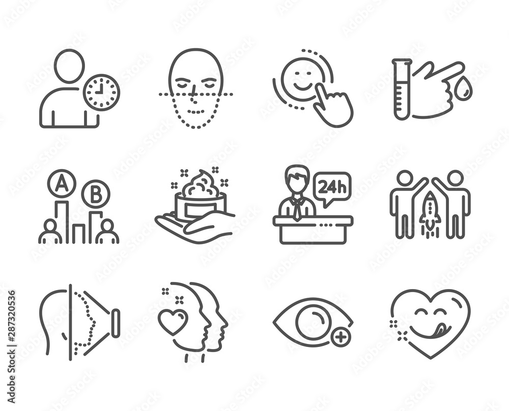 Set of People icons, such as Yummy smile, Face recognition, Skin care, Face id, Partnership, Smile, Farsightedness, Heart, Time management, Ab testing, Reception desk, Blood donation. Vector