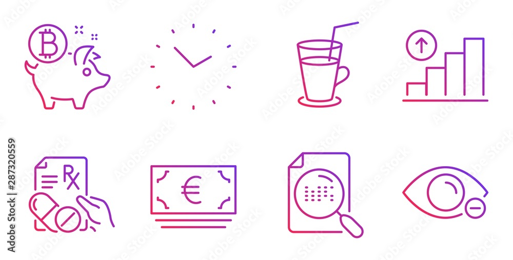 Bitcoin coin, Prescription drugs and Euro currency line icons set. Graph chart, Time and Cocktail signs. Search file, Myopia symbols. Piggy bank, Pills. Business set. Vector Bitcoin coin, Prescription drugs and Euro currency line icons set. Graph chart, Time and Cocktail signs. Search file, Myopia symbols. Piggy bank, Pills. Business set. Vector