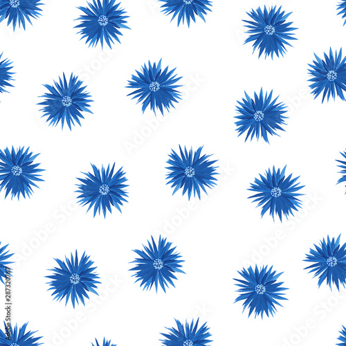Blue flower seamless pattern isolated on white. Hand drawn illustration of blue gouache on white paper. Can be used for postcards, packaging, banner, web background.